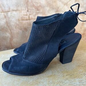 Paul Green Open Toe Black Perforated Sling Back Block Heel Shoe